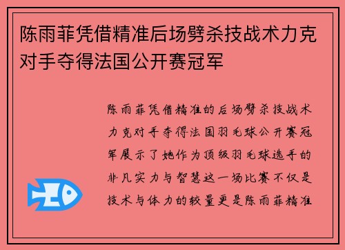陈雨菲凭借精准后场劈杀技战术力克对手夺得法国公开赛冠军 陈雨菲凭借精准后场劈杀技战术力克对手夺得法国公开赛冠军